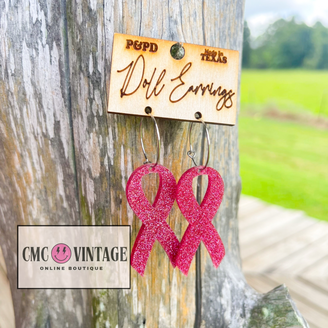 Pink Glitter Breast Cancer Ribbon Earrings