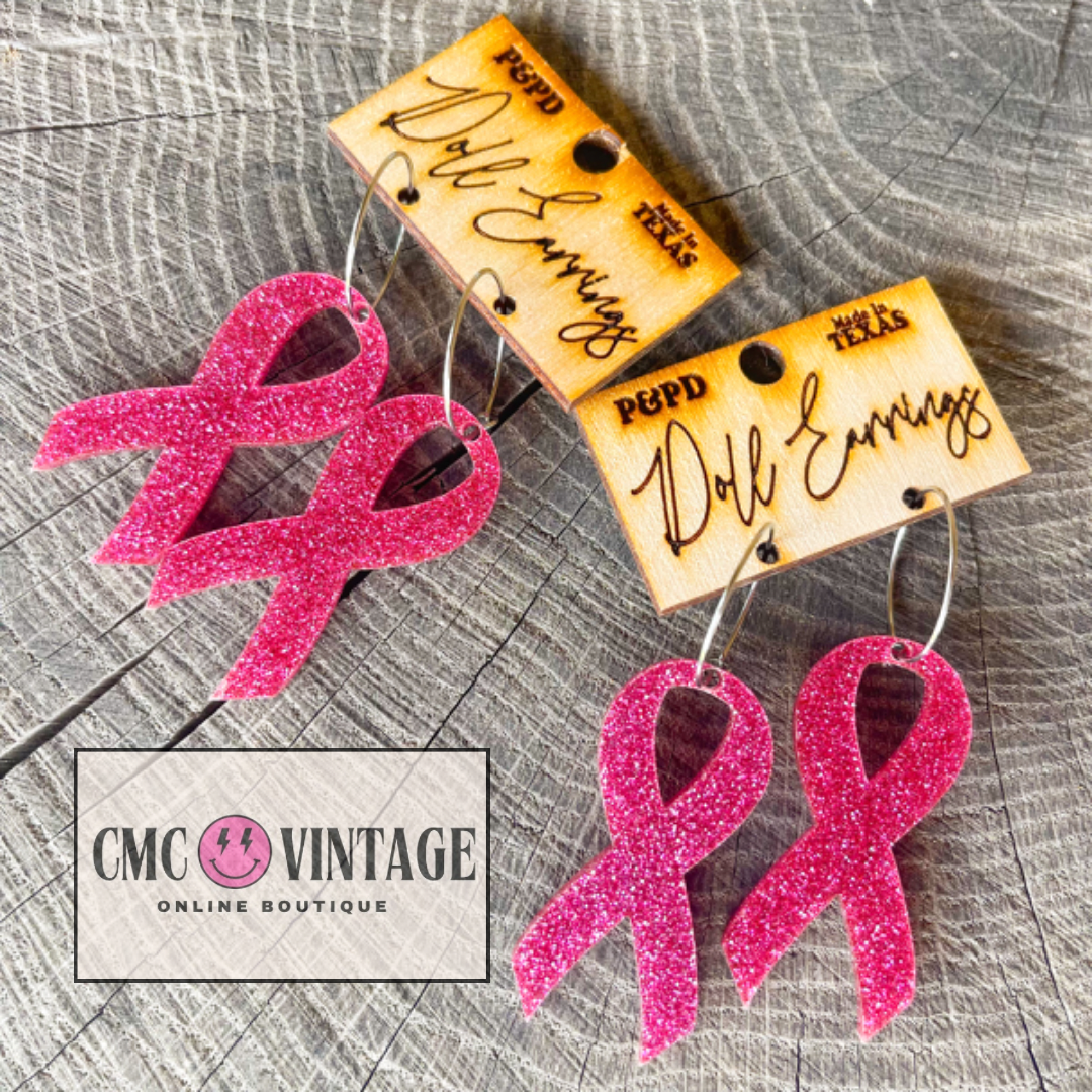 Pink Glitter Breast Cancer Ribbon Earrings